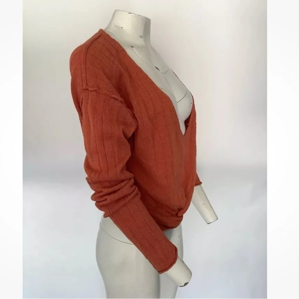 Free People Sz L Wrap Front Cropped Plunge Neck Sweater Red Linen Cotton